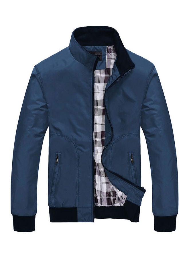 Stand Collar Zipper Pockets Casual Pilot Jacket Blue