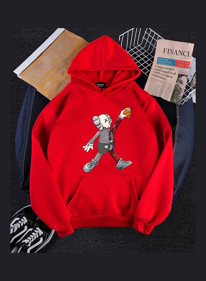 بلوفر سميك فضفاض لفصل الشتاء والخريف بطبعة رسومات كرتونية لدمية تمشي أحمر