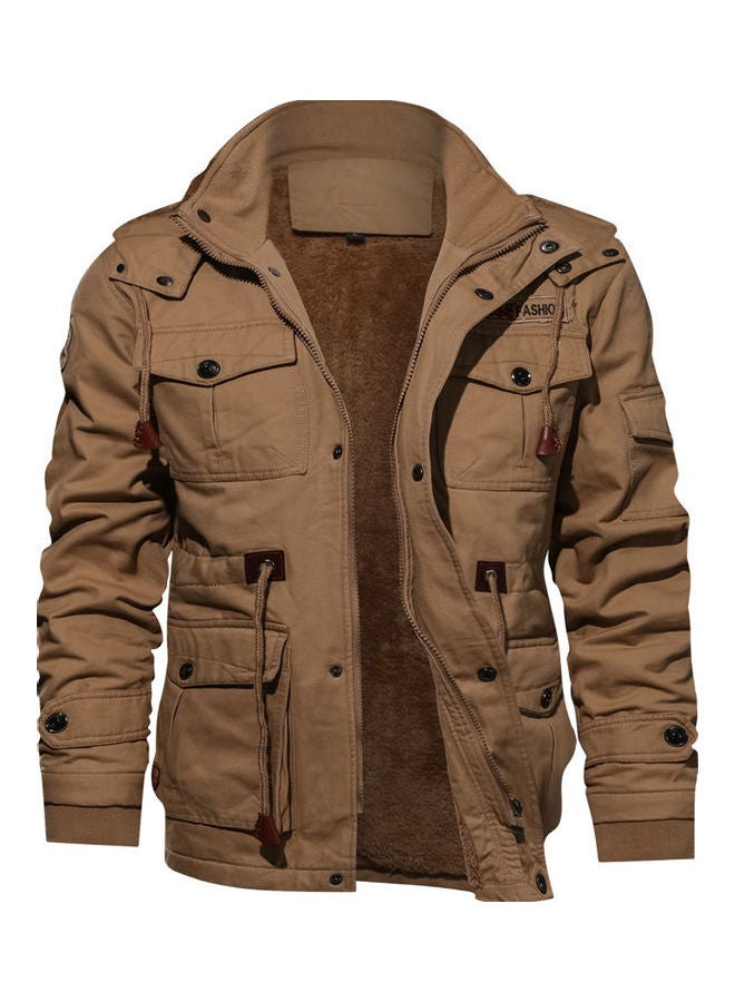 Thickening Embroidered Cotton Hooded Jacket Khaki - Image 1