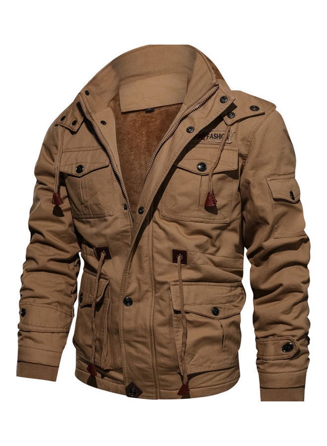 Thickening Embroidered Cotton Hooded Jacket Khaki - Image 2