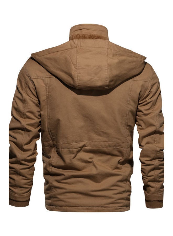 Thickening Embroidered Cotton Hooded Jacket Khaki - Image 3