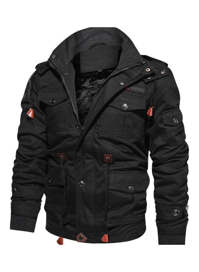 جاكيت سميكة ومطرزة بغطاء للرأس من القطن أسود - Image 2