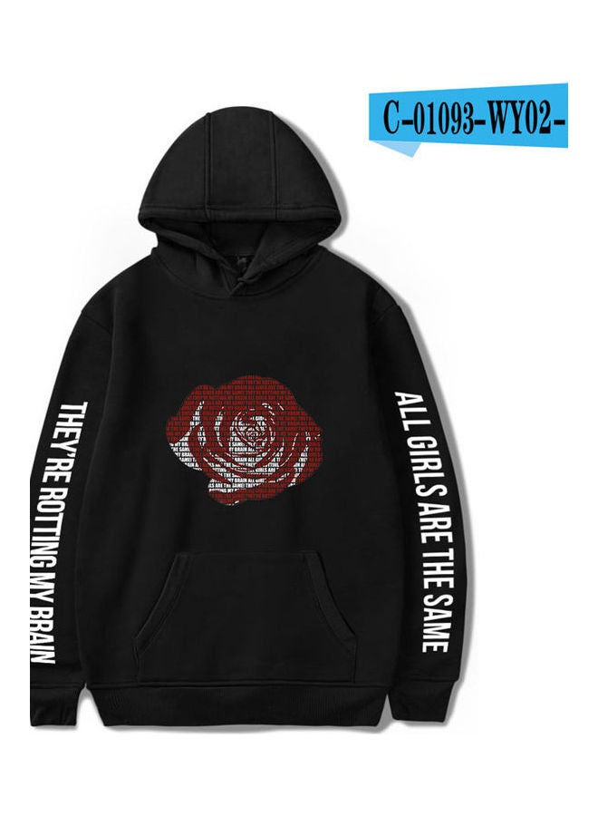 Flower and Letter Printed Pullover Sweatshirt Black 