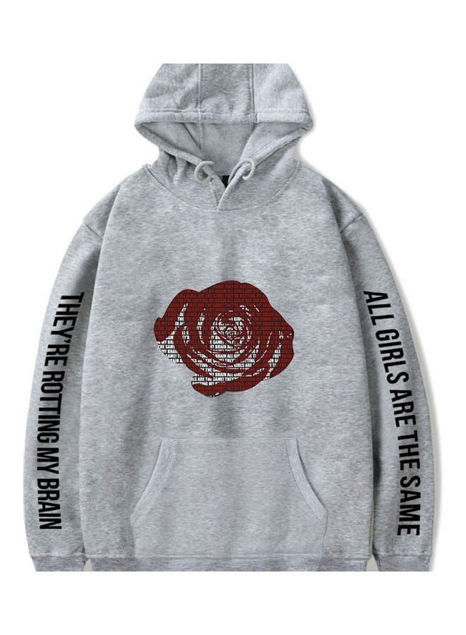 Flower and Letter Printed Pullover Sweatshirt Grey