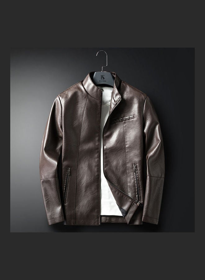 Stand Collar Classic Version PU Leather Jacket Coffee