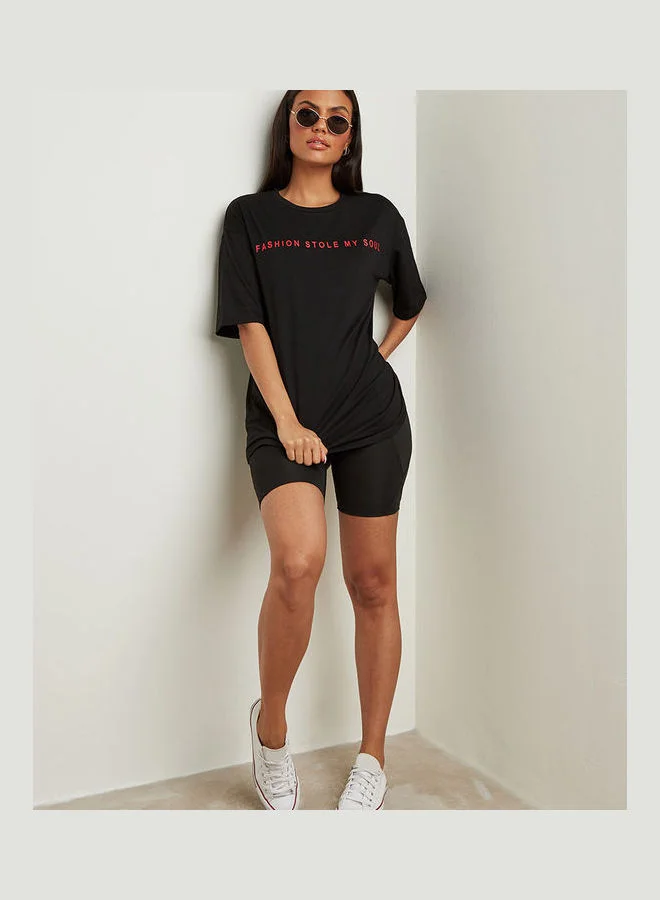 Closet By Styli Fashion Stole My Soul Printed Oversized T-Shirt Black