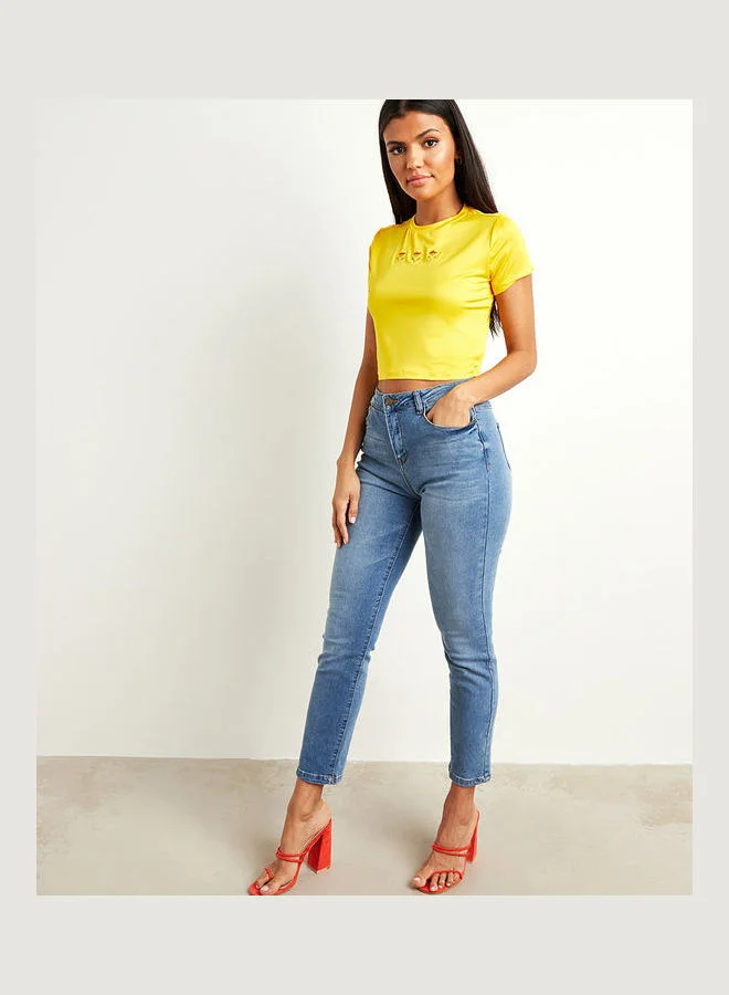 Closet By Styli Embroidered Flower Detail Fitted Crop T-Shirt Yellow