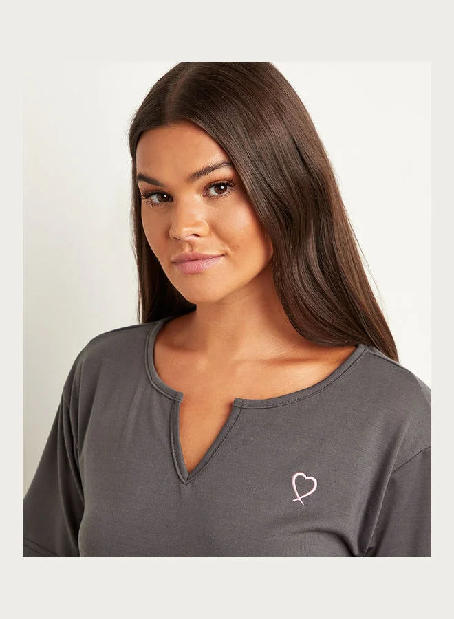 Closet By Styli Plain Notch Neck Regular Fit T-Shirt and Drawcord Waist Shorts Set Charcoal