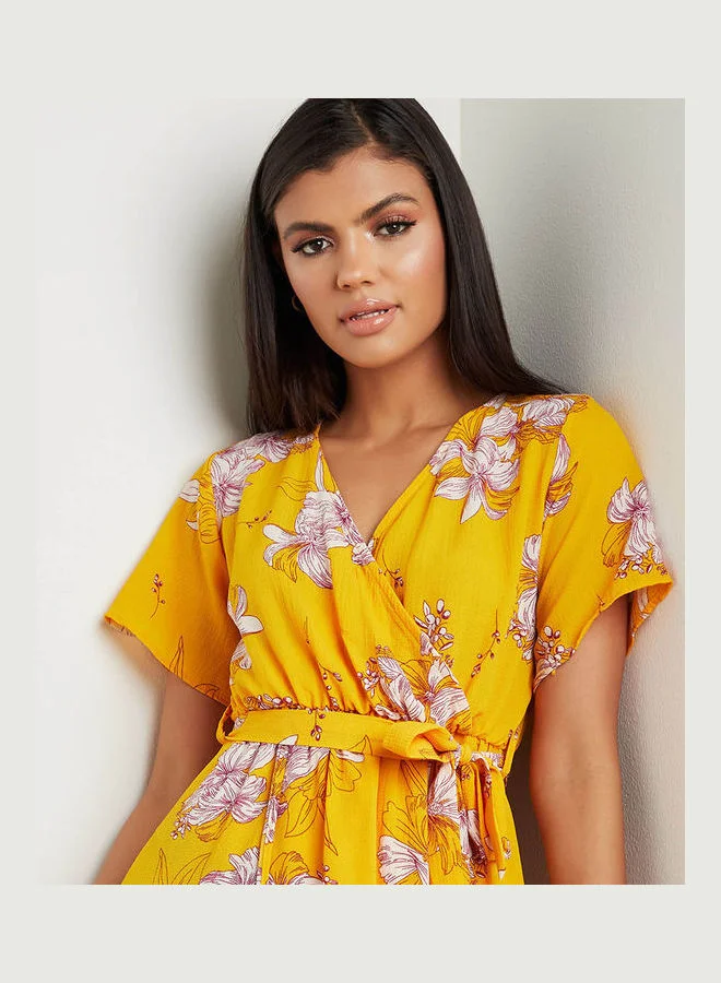 Closet By Styli Floral Print A-Line Wrap Maxi Dress Yellow