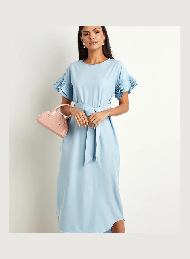 Closet By Styli Pleated Sleeves Detail Midi Dress Light Blue