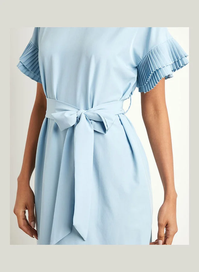 Closet By Styli Pleated Sleeves Detail Midi Dress Light Blue