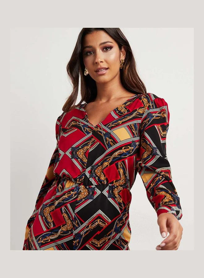 Closet By Styli Chain Printed V Neck Skinny Jumpsuit Multicolour