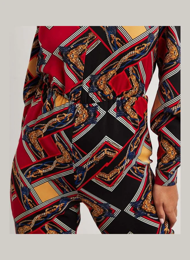 Closet By Styli Chain Printed V Neck Skinny Jumpsuit Multicolour