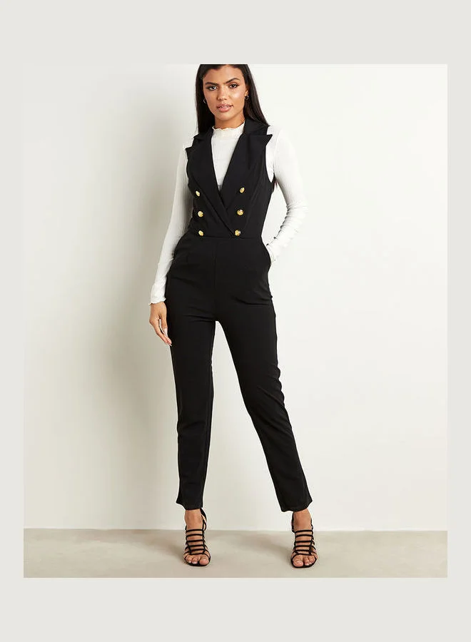 Closet By Styli Back Zip Closure Plain Collared Skinny Fit Jumpsuit Black