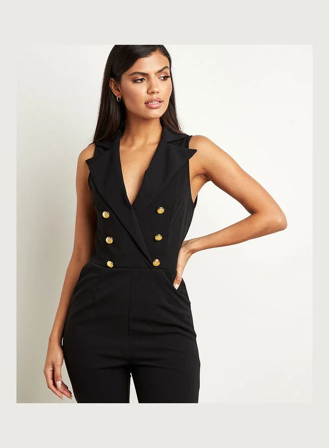 Closet By Styli Back Zip Closure Plain Collared Skinny Fit Jumpsuit Black