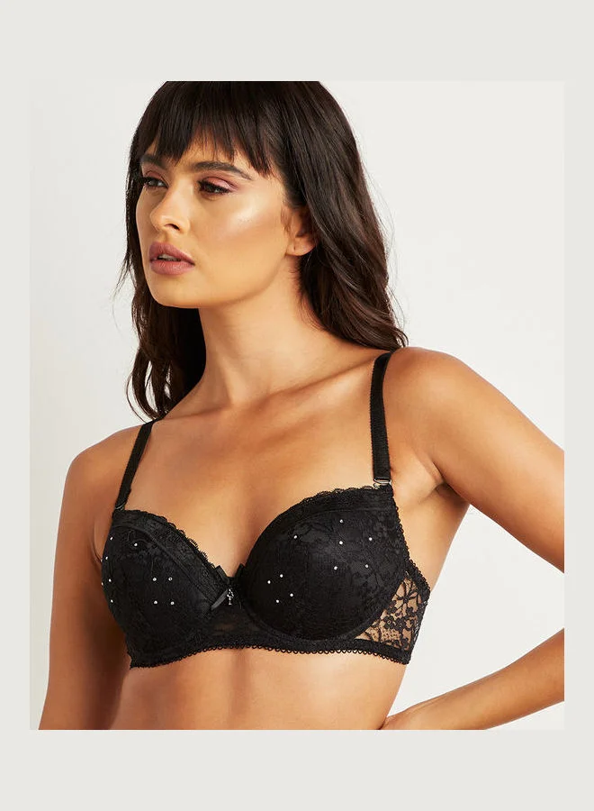 Closet By Styli Padded Lace Bra And Thongs Set Black