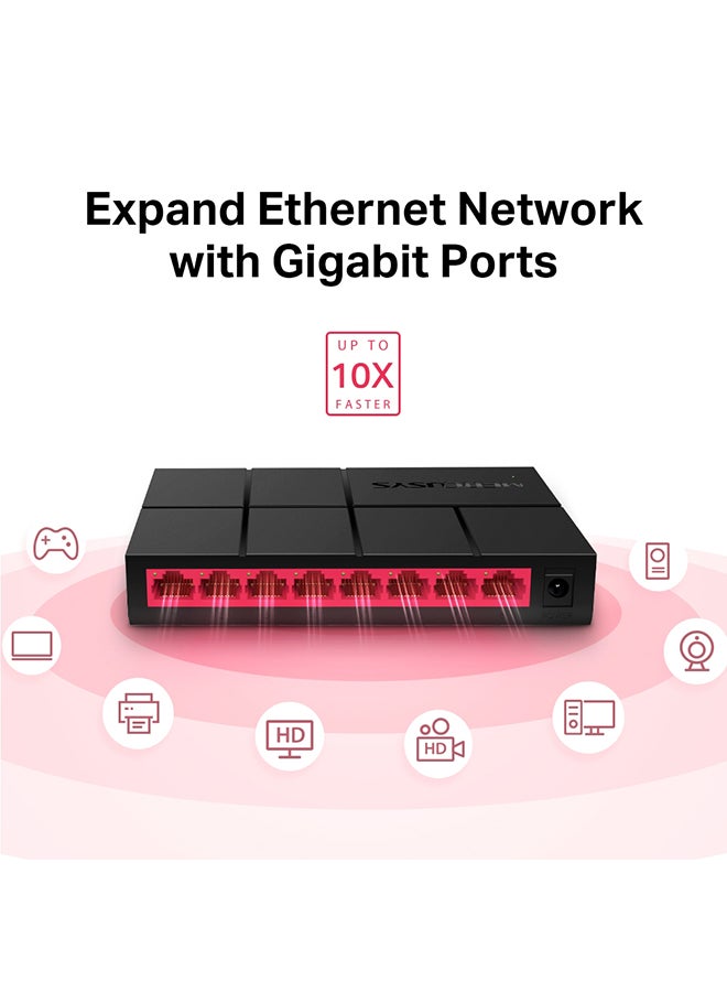 ميركوسيس - محول مكتبي ب8 منافذ بسرعة 10/100/1000 ميجابت في الثانية مزود بمنافذ RJ45 بخاصية التفاوض التلقائي مع أجهزة MDI/ MDIX التلقائية أسود - Image 1