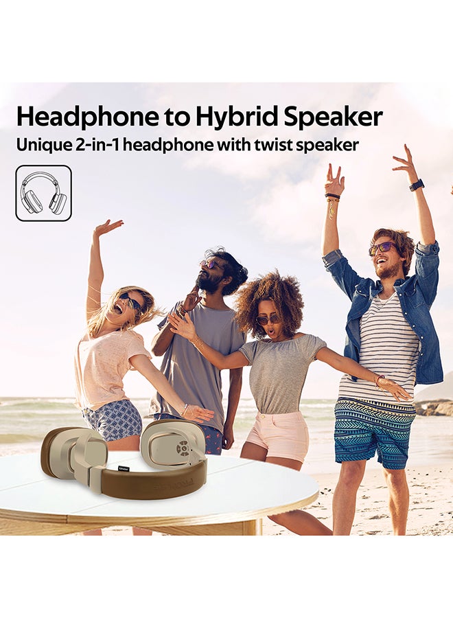 PROMATE - Wireless Headphone with Speaker, 2-in-1 High Definition Bluetooth v5.0 Headphone with Built-in 6W Speaker, Mic, 12H Playtime, MicroSD Card Slot, FM Radio and AUX Port for Smartphones, Tablets, iPod Brown/Beige - Image 1