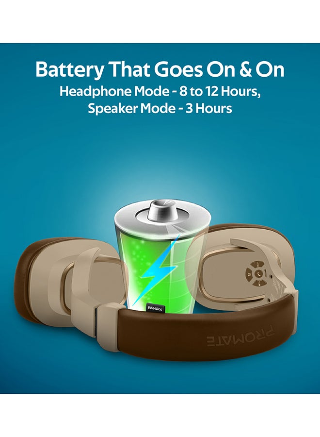 PROMATE - Wireless Headphone with Speaker, 2-in-1 High Definition Bluetooth v5.0 Headphone with Built-in 6W Speaker, Mic, 12H Playtime, MicroSD Card Slot, FM Radio and AUX Port for Smartphones, Tablets, iPod Brown/Beige - Image 1