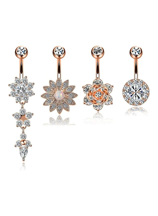 4-Pieces Stainless Steel Flower Dangle Barbell Belly Button Ring Set - Image 1