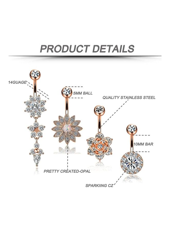 4-Pieces Stainless Steel Flower Dangle Barbell Belly Button Ring Set - Image 2