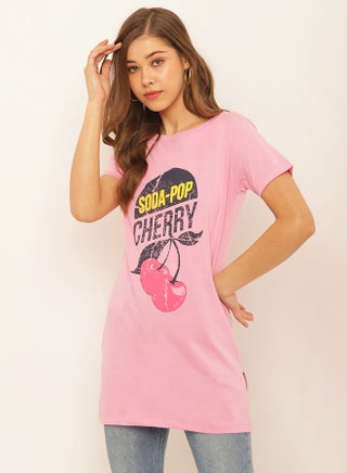 Printed Round Neck Casual Wear Tunic Light Pink