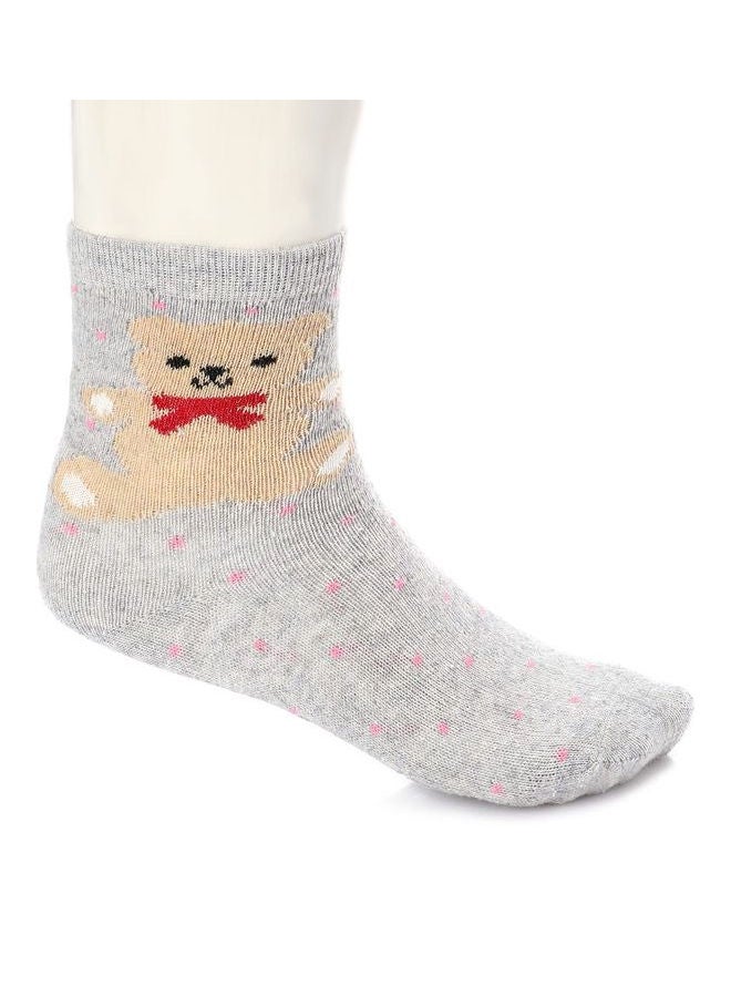 Esla - Pair Of Teddy Bear Patterned Ankle Socks Grey/beige - Image 1