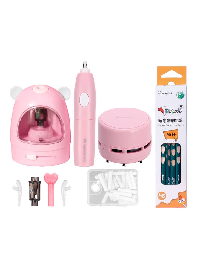 tenwin 3-Piece Electric Pencil Sharpener With Eraser And Vacuum Cleaner Set Pink - Image 1