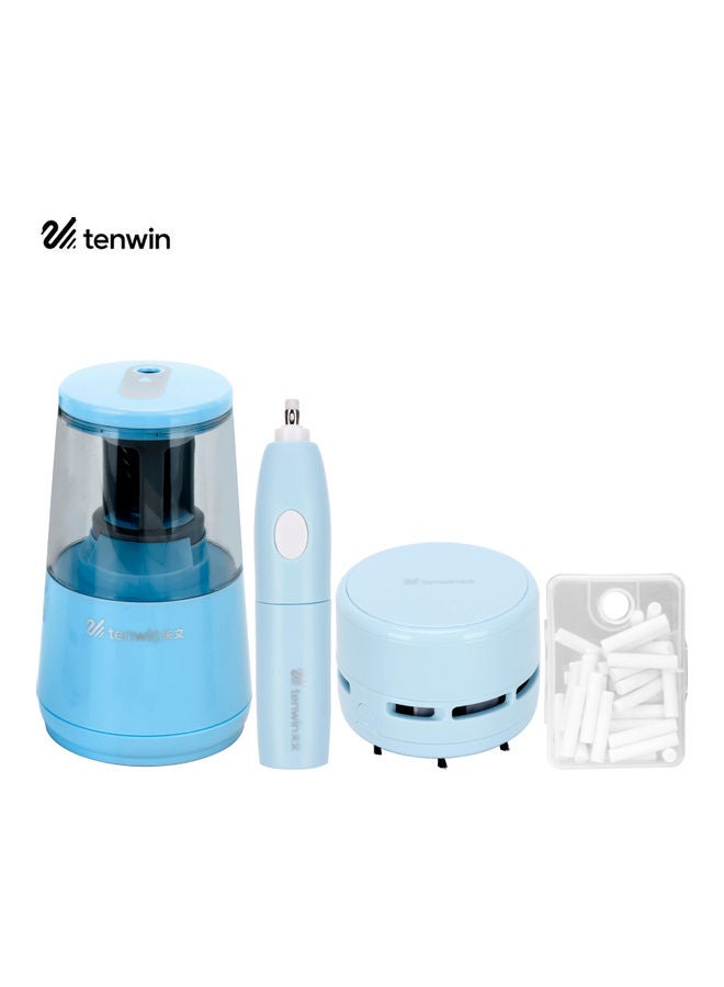 tenwin 3-Piece Electric Pencil Sharpener With Eraser And Vacuum Cleaner Set Blue - Image 4
