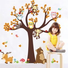 Cartoon Forest Animal Monkey Owls Hedgehog Tree Swing Nursery Wall Sticker Multicolour 100x100cm - v1609331806/N40732022A_2