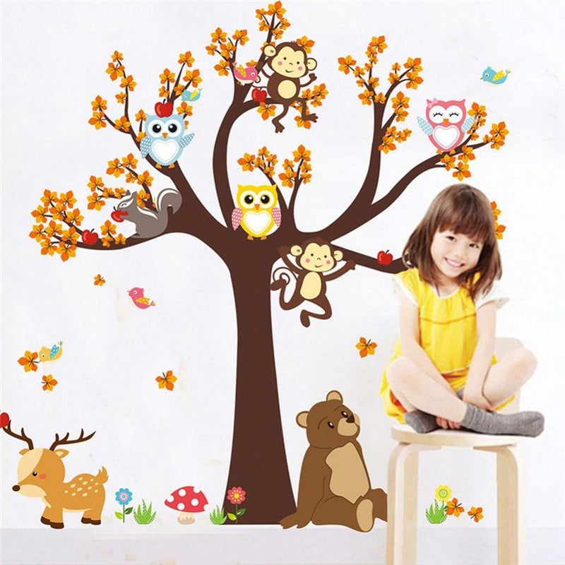 Fast Print Cartoon Forest Animal Monkey Owls Hedgehog Tree Swing Nursery Wall Sticker Multicolour 100x100cm  - Image 2