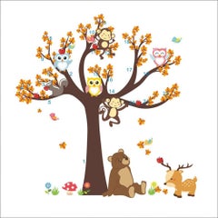 Cartoon Forest Animal Monkey Owls Hedgehog Tree Swing Nursery Wall Sticker Multicolour 100x100cm - v1609331806/N40732022A_3