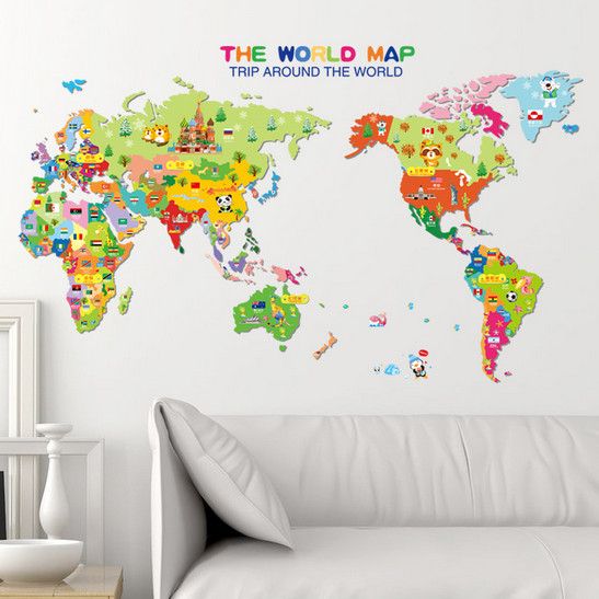 Cartoon World Map Cute Terrestrial And Aquatic Animals Wall Decals Multicolour 70x50cm