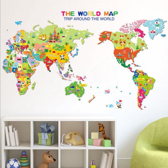 Cartoon World Map Cute Terrestrial And Aquatic Animals Wall Decals Multicolour 70x50cm
