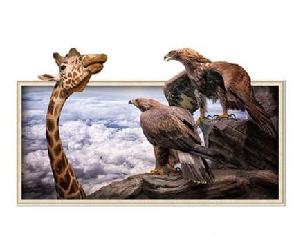 Fast Print Eagles Stare At Giraffe Clouds Fake Window Frame Animals Wall Sticker Multicolour 70x50cm  - Image 2