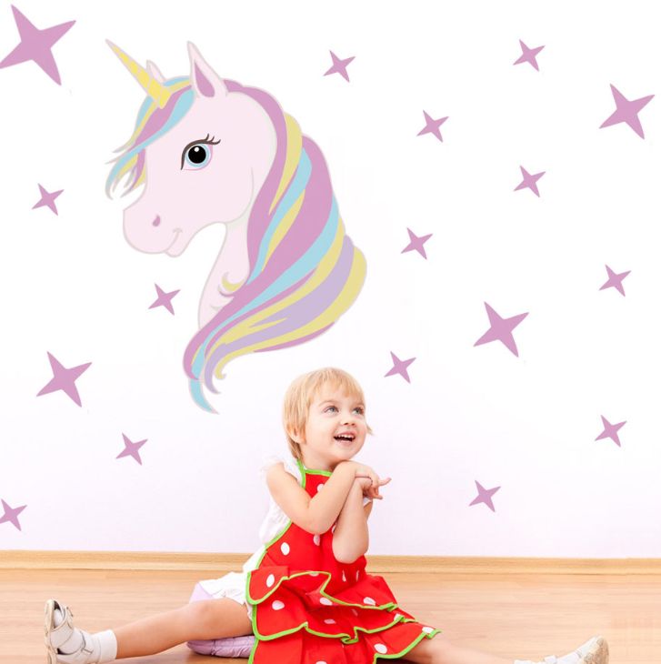 فاست برينت ملصق جداري لديكور الحائط يمكن تركيبه بنفسك بتصميم كرتوني على شكل حصان يونيكورن ونجوم على شكل قلب متعدد الألوان 36x60سم - Image 3