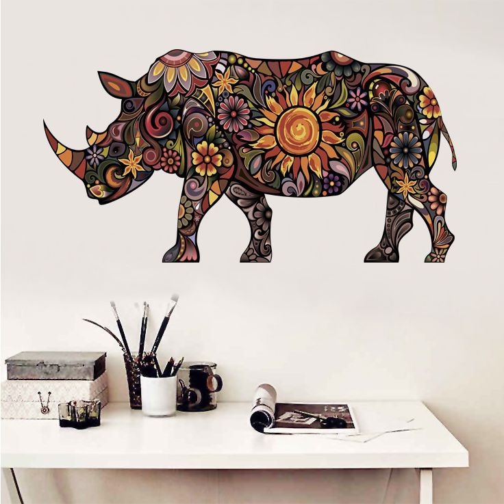 Fast Print Floral Rhinoceros Art Decorations Living Room Wall Sticker Multicolour 60x90cm - Image 3