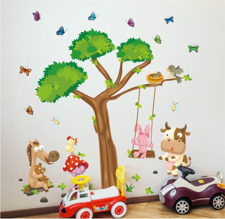 Fast Print Removable Cartoon Forest Animal Tree Swing Nursery Wall Sticker Multicolour 90x60cm - Image 2
