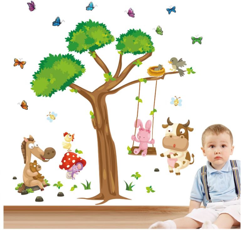 Fast Print Removable Cartoon Forest Animal Tree Swing Nursery Wall Sticker Multicolour 90x60cm - Image 3