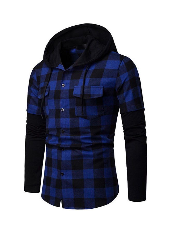 Grid Pattern Cuff Matching Hoodie Blue  - Image 1