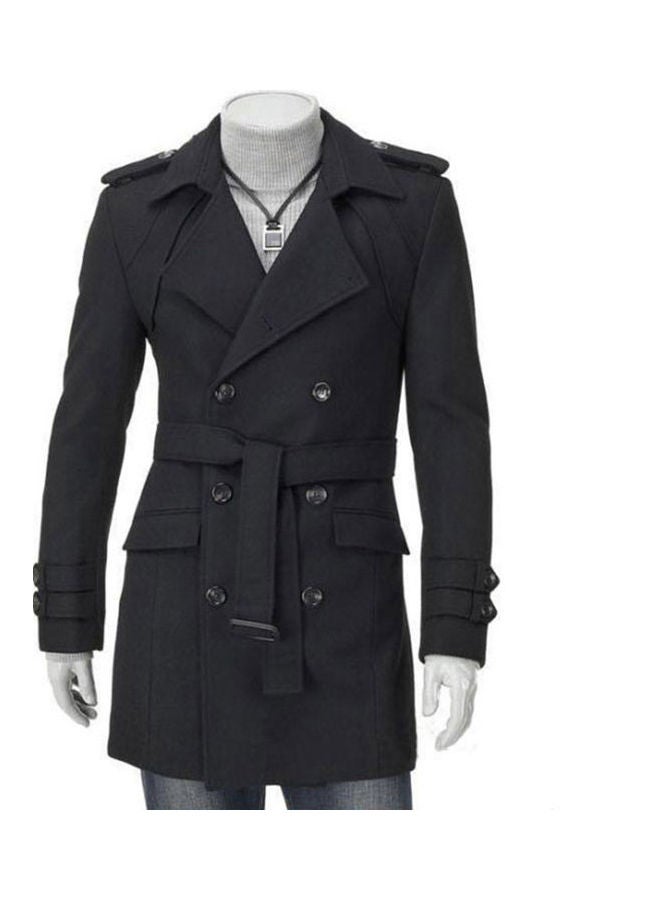 Epaulettes Belt Long Overcoat Black