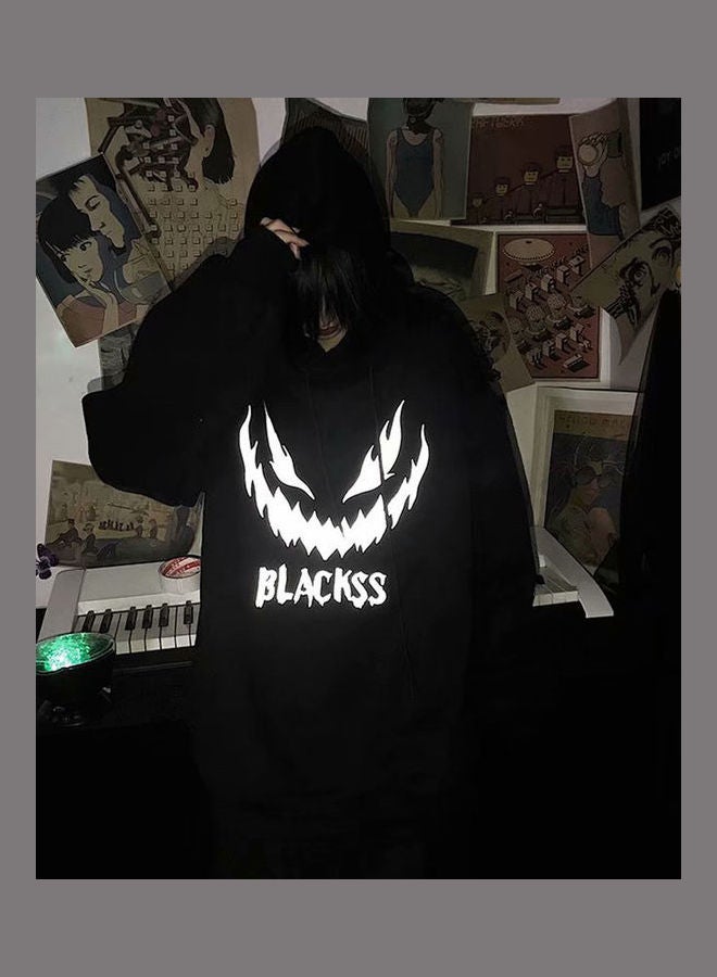 Loose Printed Hoodie Black - Image 1