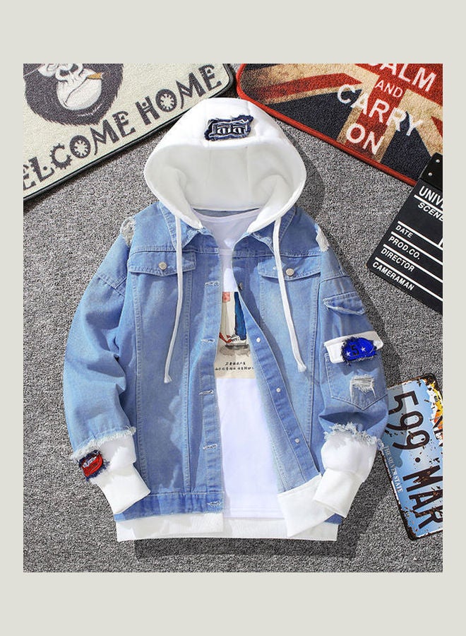 Casual Shredded Hoodie Light Blue/White 