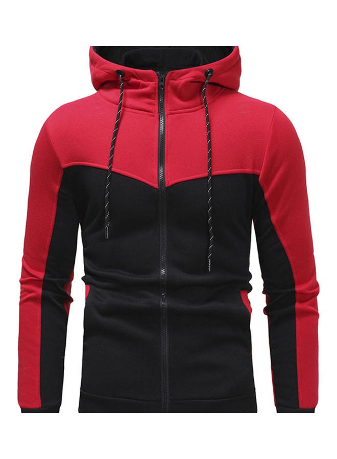 Hooded Pattern Zipper Jacket Red/Black
