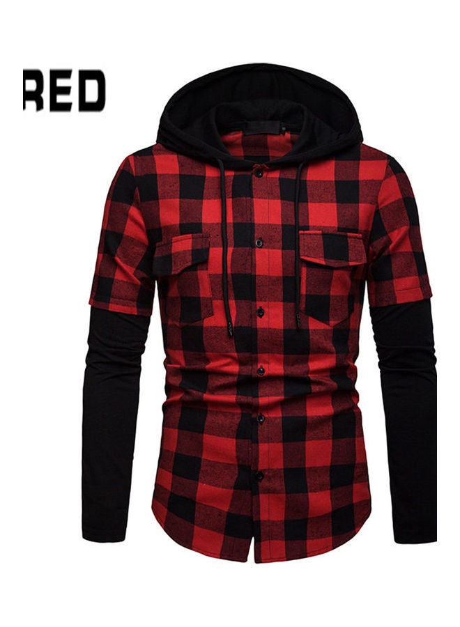 Grid Pattern Hooded Shirt Red/Black - Image 1