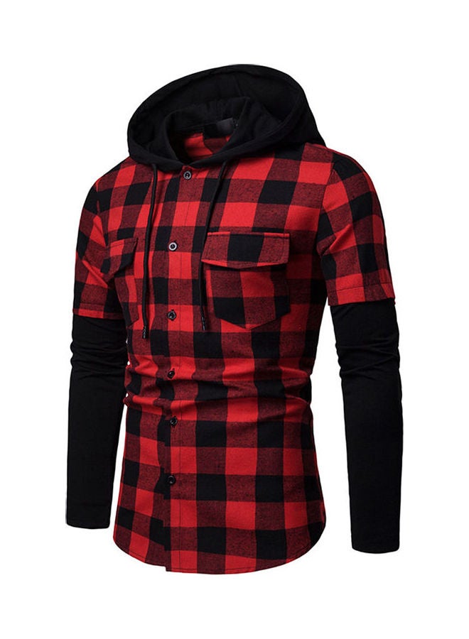 Grid Pattern Hooded Shirt Red/Black - Image 2