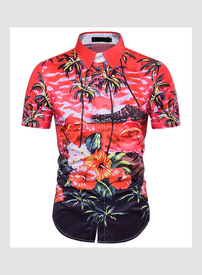 3D Beach Print Slim-Fit Short Sleeve Shirt Multicolour  - Image 1