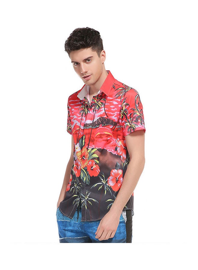 3D Beach Print Slim-Fit Short Sleeve Shirt Multicolour  - Image 3