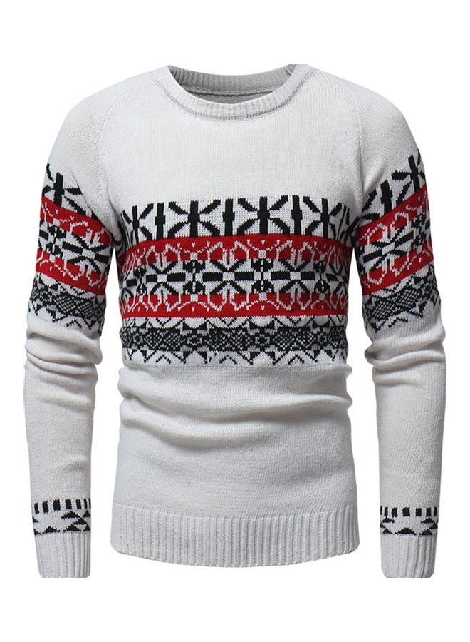 سترة محاكة بياقة مستديرة أبيض/أحمر/أسود - Image 1