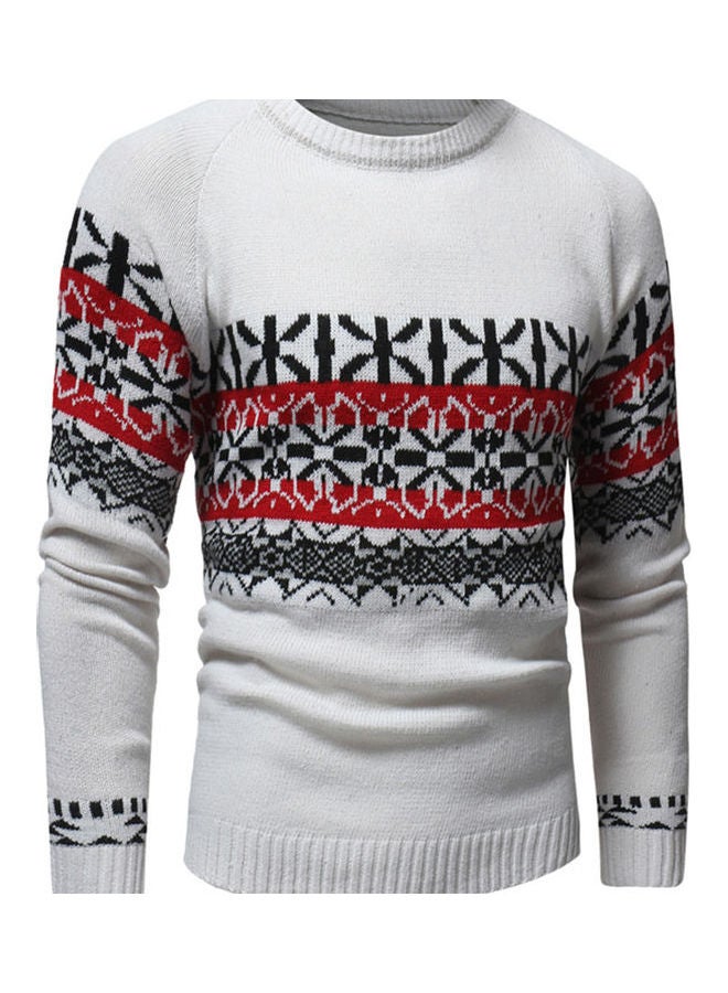 سترة محاكة بياقة مستديرة أبيض/أحمر/أسود - Image 2